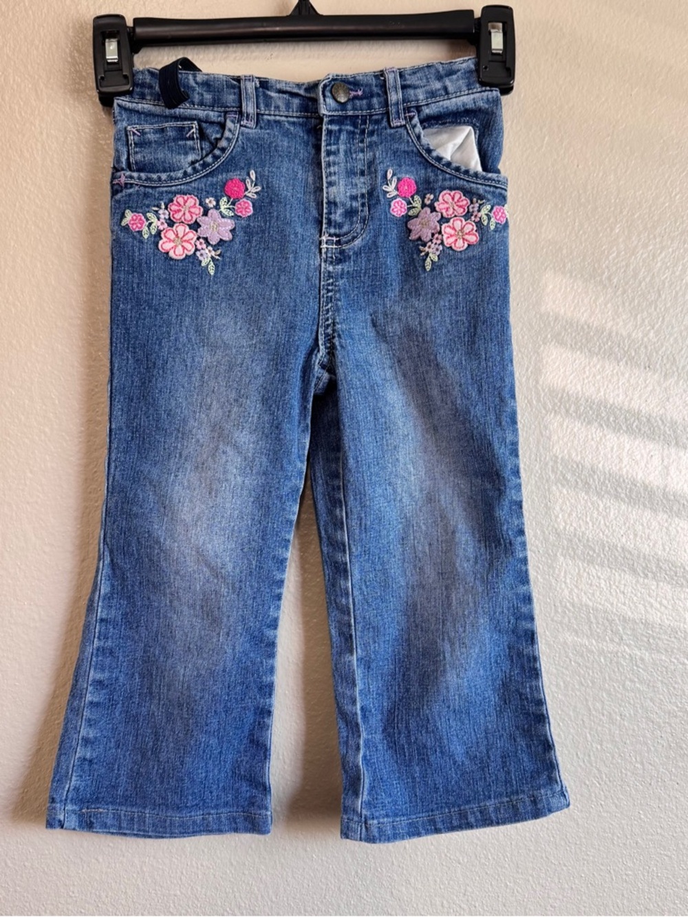 Faded Glory Blue Denim Jeans with Pink Floral Embroidery